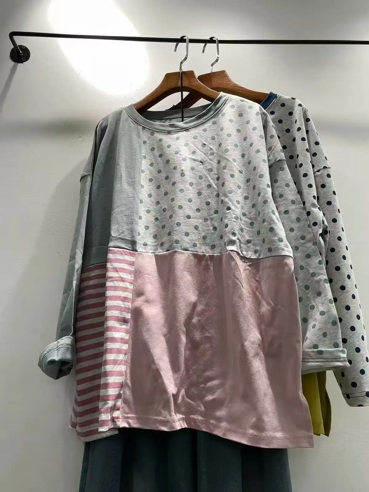 Bust 128cm mori girl style polka dot striped patchwork long sleeve shirts for women pullover autumn pure cotton tee