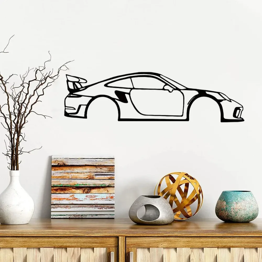 1pc Art Wall Decoration Wall Decoration Iron Art Hollow Silhouette Metal Wire 911GT3 Model Sports Car Home Wall Hanging Simple