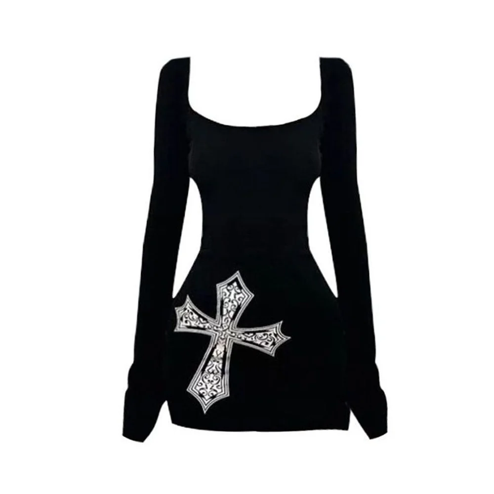 2025 T-shirt a maniche lunghe con stampa croce gotica retrò americana T-shirt da donna vintage Hottie Punk Dress New Slim Fit Nero sexy Halloween