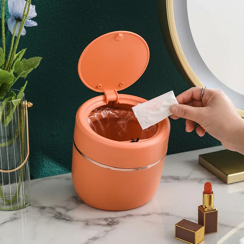 Desktop Trash Can Household Press-type with Lid Debris Bucket Mini Dressing Table Storage Bucket Office Storage Paper Basket