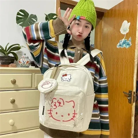 Sanurgente-Sac à dos Hello Kitty pour femme, grande capacité, sac à dos de campus étudiant, cadeau pour étudiants