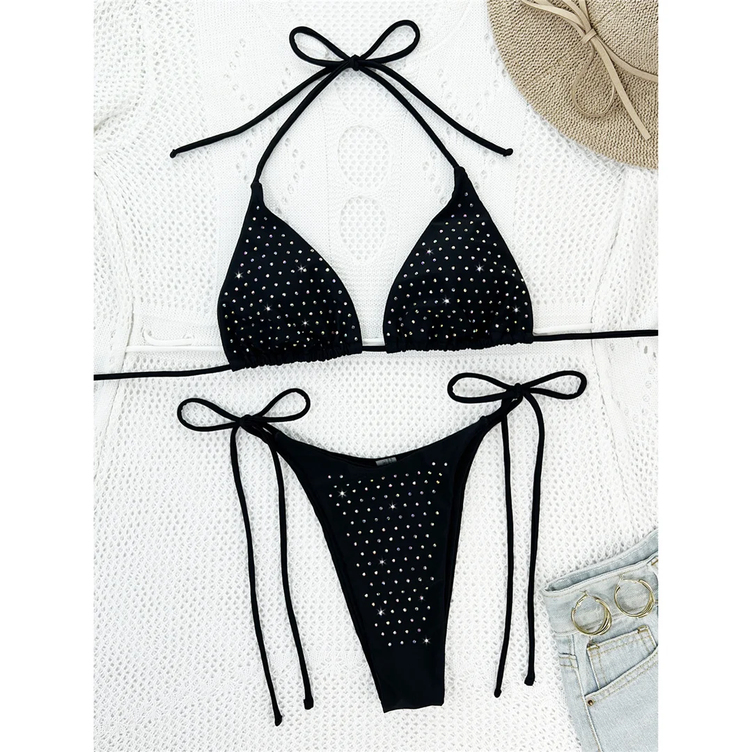 Diamant-Strass-Neckholder-Bikini mit Trägern, Damen-Badeanzug, zweiteiliger Bikini-Set, Badebekleidung, Badeanzug, Schwimmanzug V5351 – Detail 11
