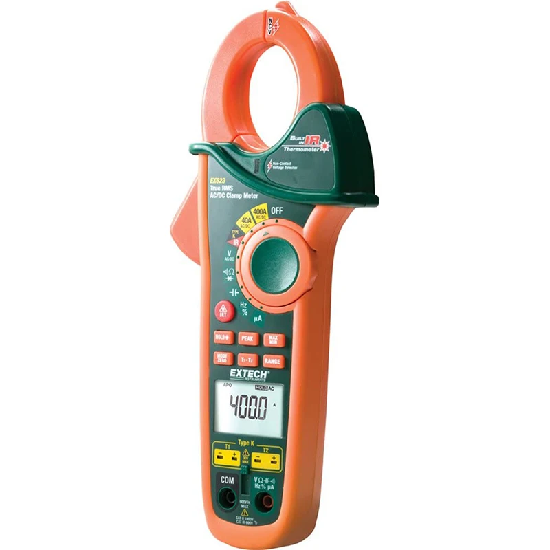 Extech EX623 True RMS 400A AC/DC Clamp Meter with Dual Type K, Thermometer and NCV