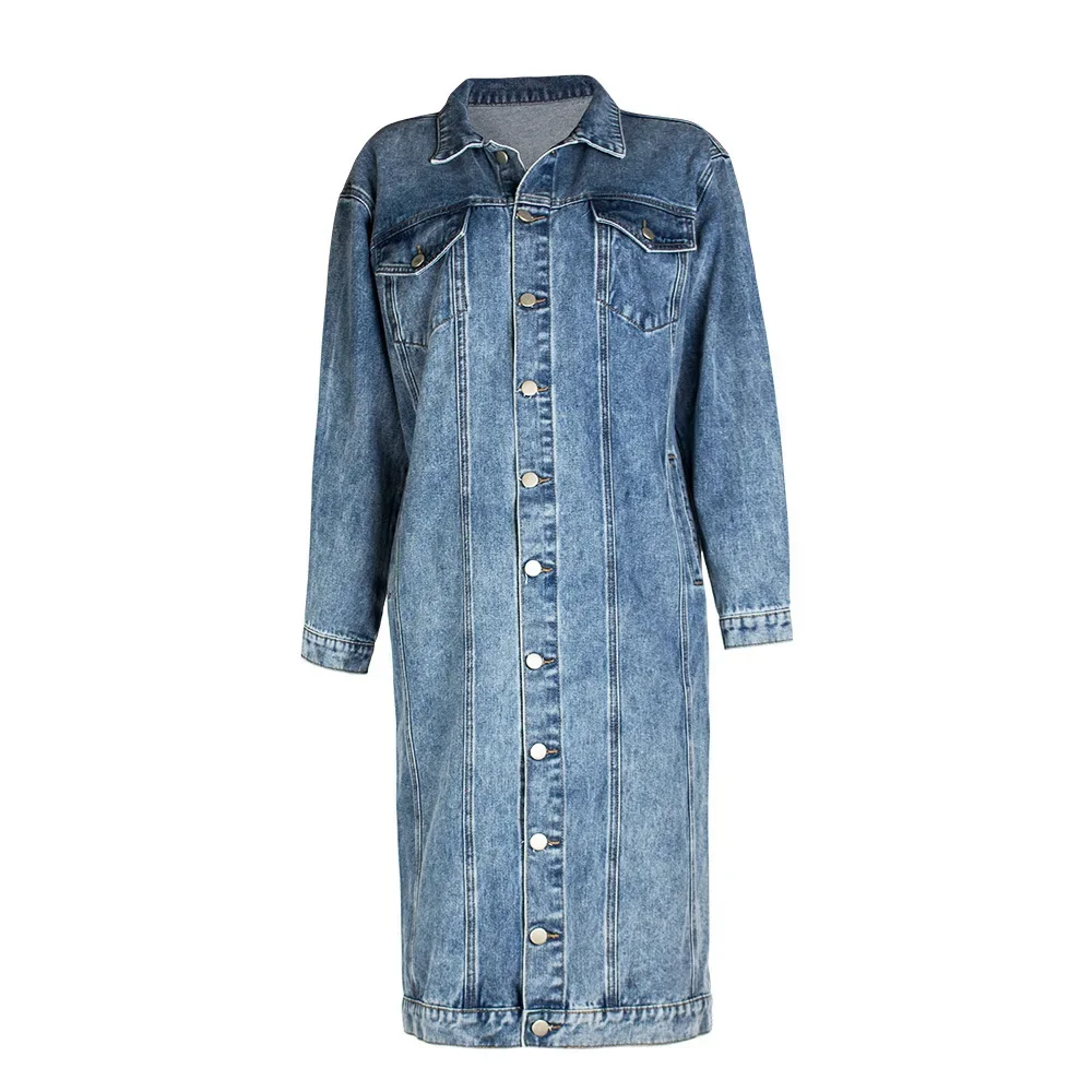 Klassiek lang spijkerjack voor dames, grote maten losse denim jack met lange mouwen en knopen, trenchcoat