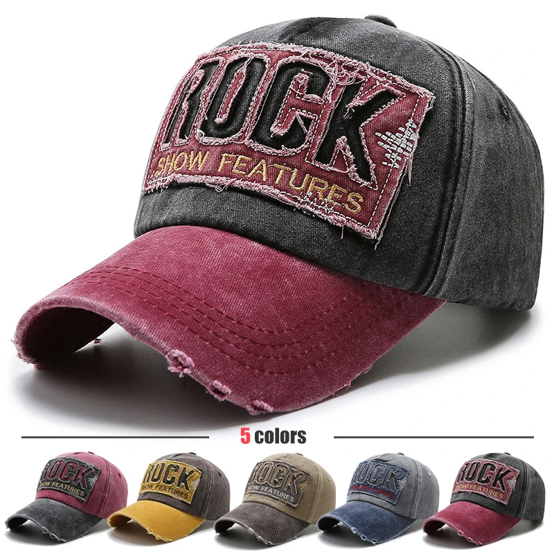 

ROCK Letters Embroidered Patch Ripped Brushed Washed Distressed Design Style Unisex Cotton Adjustable Baseball Cap