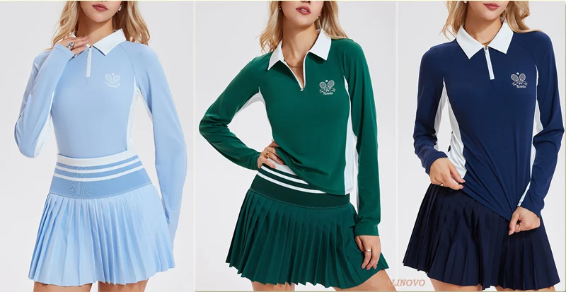 VITALINOVO Damen 2-teiliges Tenniskleid, hoch taillierter Faltenrock, Skorts, Reißverschluss, Farbblock, Golf-Poloshirts, Pickleball Athletic – Detail 6