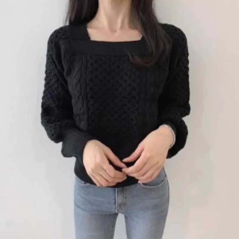 Pullovers Women Square Collar Ladies Sexy Autumn Fashion Cozy Tender Cropped Elegant Sweaters Ulzzang Preppy Korean Style Chic