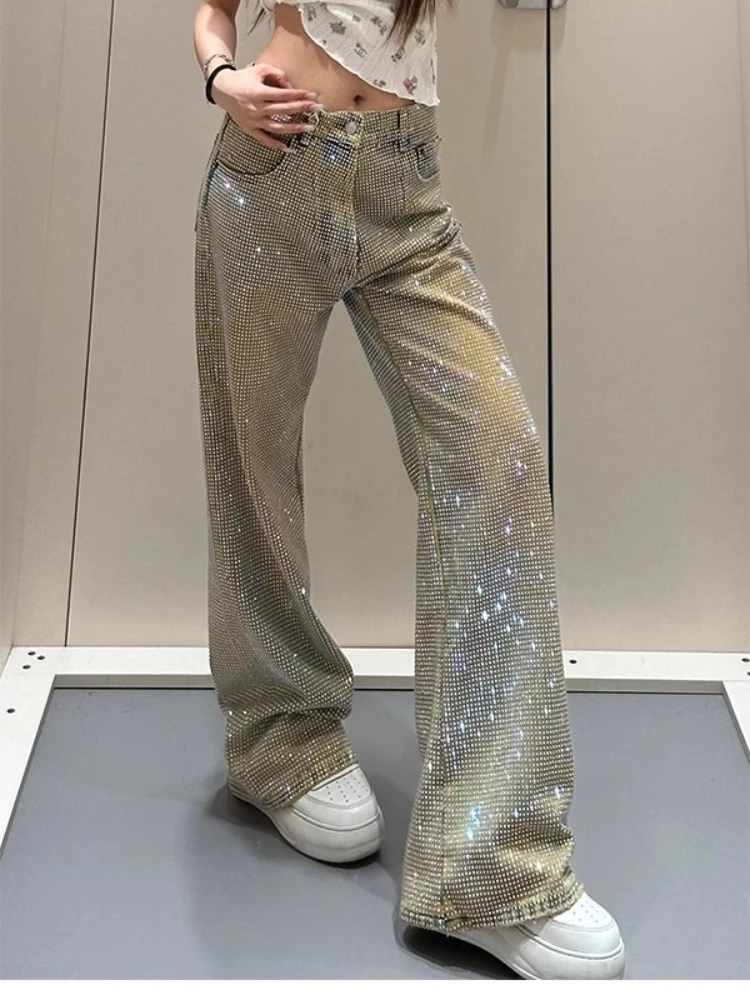 

High Quality Jeans American Style Hot Girl Wash Diamond Denim Trousers 2025 New Fashion Trendy High Waist Straight Pants Women
