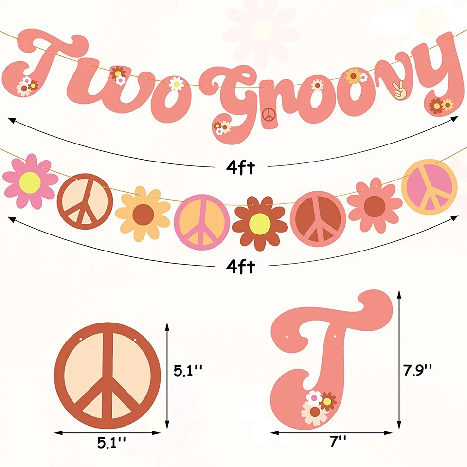 1pc Hippie Two Groovy Bohemian Rainbow Bus Flower Paper Banner For Kids Bohemian Hippie Birthday Party Decorations Supplies