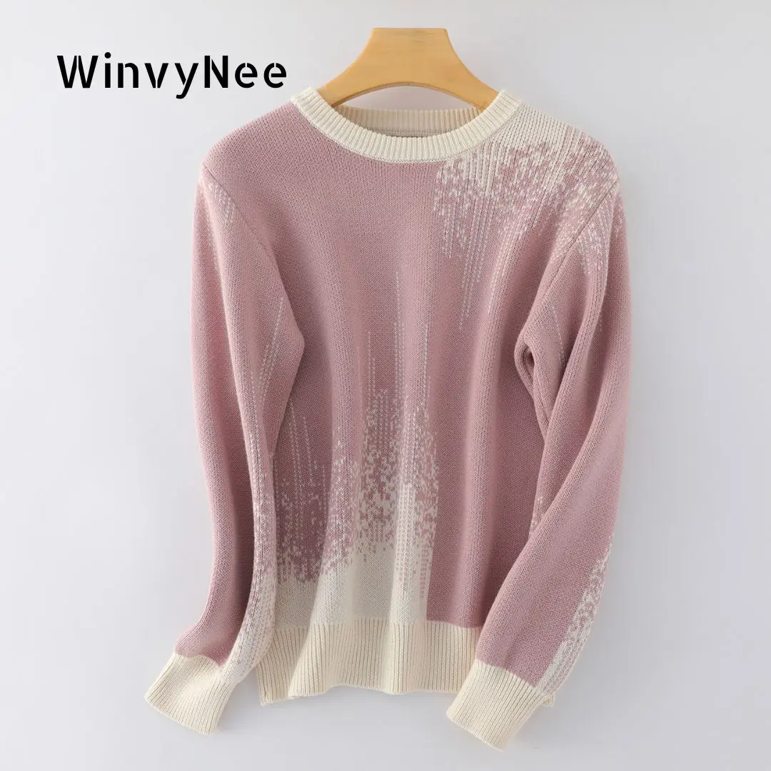 WinvyNee 100% Cotton Soft Thickened Pullover Women's 7-Pin Jacquard Crew Neck White Floral Loose Fit Casual Daily Top A1092042A