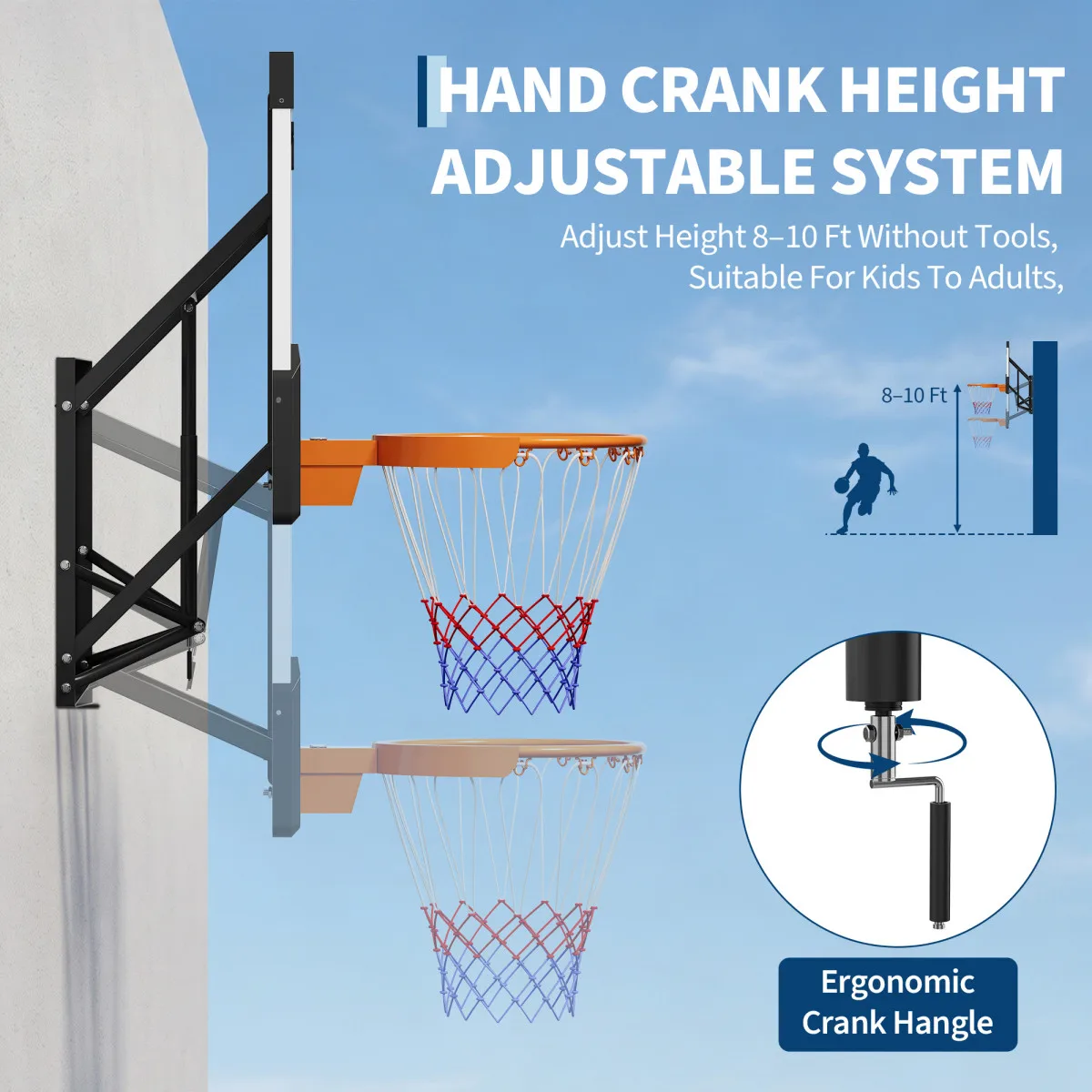 Adjustable Wall-Mounted Basketball Hoop – 52" Backboard, Height from 8 to 10 FT for Indoor & Outdoor Play - view 6