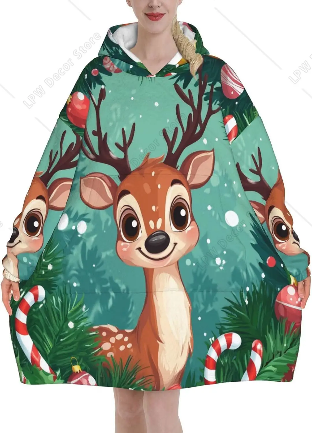Christmas Deer Wearable Blanket Hoodie Ball Leaves Branch Oversized Sweatshirt Blanket Cozy Warm Sherpa Hooded Blanket