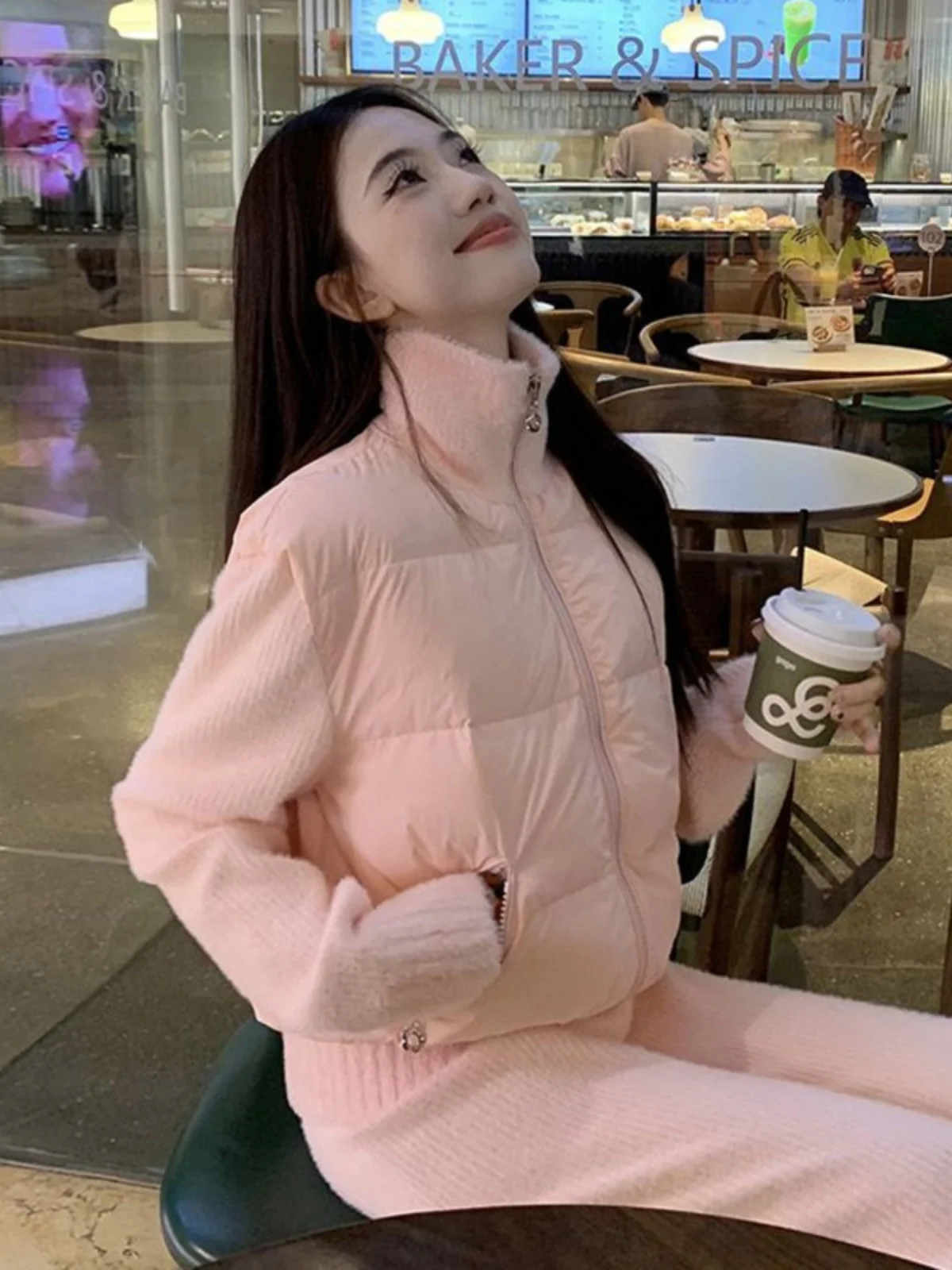 

Women's Short Thickened Cotton Jacket Stand Collar Splicing Design Winter Warm Pink Small Size Commuter Style Korean Version
