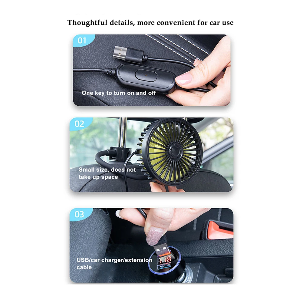 Electric Car Cooling Fan 360 Rotation Auto Headrest Ventilation Fan USB 5V Auto Rear Seat Air Fan 3 Speed Adjustable for Summer