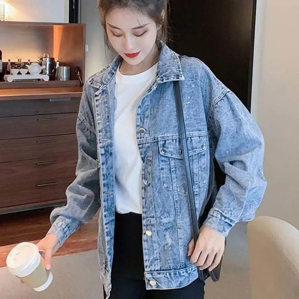 Wiosna Jesień Mickey Cartoon Denim Jacket Top Woman Korean Simple Loose Jean Coats for Women Trendy Button Long Sleeve Outwear