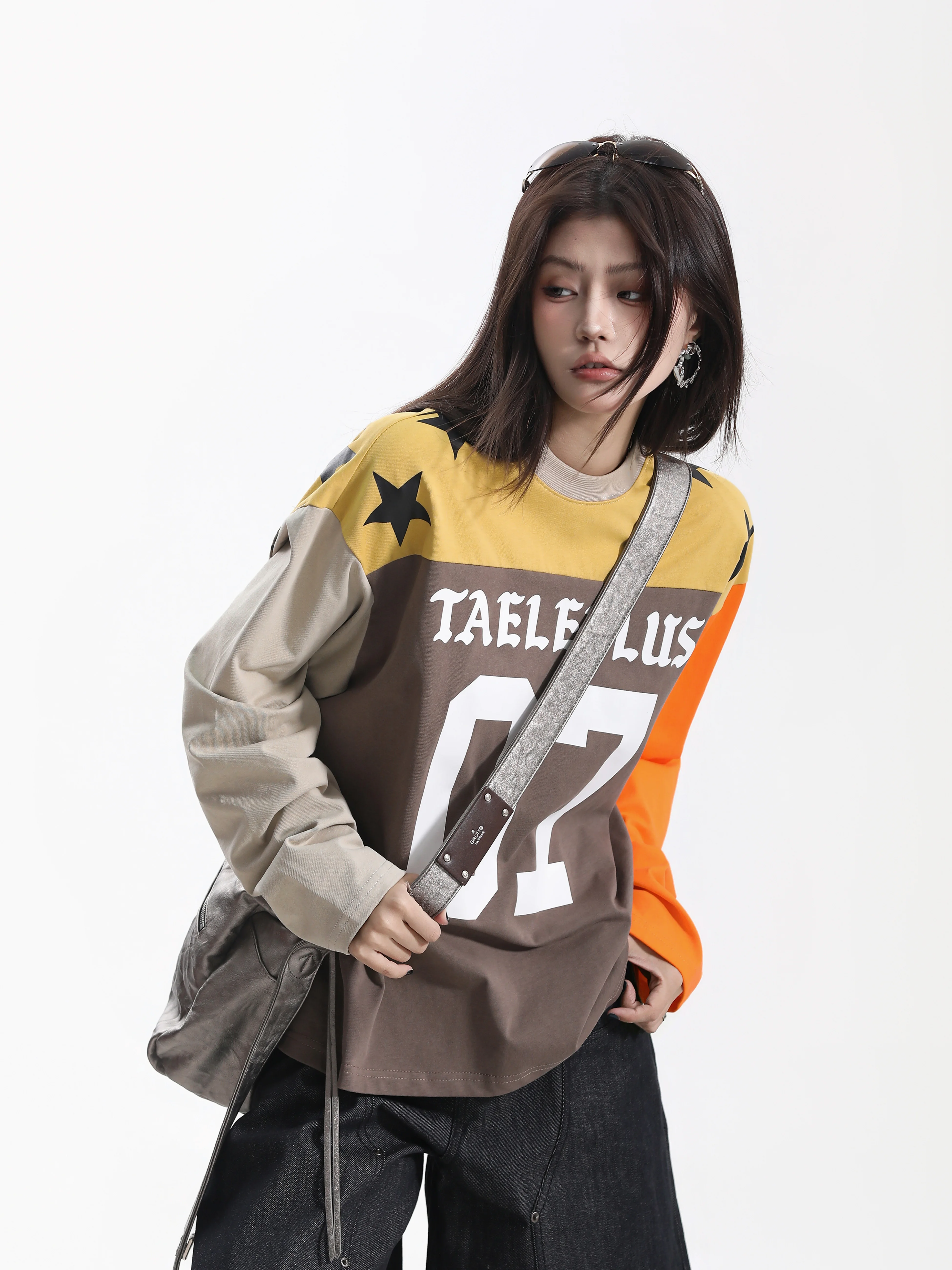 Long Sleeve Digital Print T-Shirt Women's Loose Couple Sport Style Camouflage Printed Ball Ball American Color Block Top