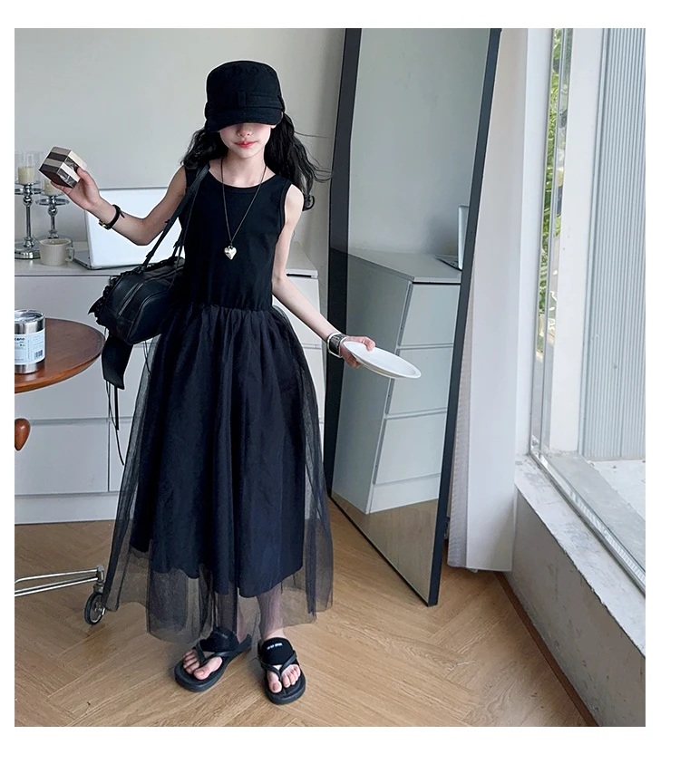 Schwarzes, rückenfreies, einteiliges Tüllkleid für Teenager-Mädchen, ärmelloses, langes Patchwork-Gaze-Kleid für Kinder, Sommerkostüm. – Detail 12