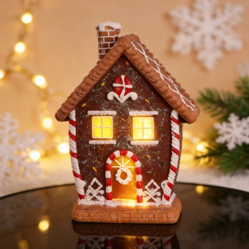 Christmas Tabletop Gingerbreads House Decors with Warm Light Effect, Resin Holiday Accent for Mantels Shelf Entryway Y5GB