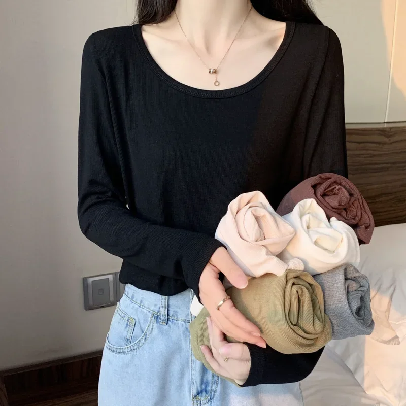 

Low Round Neck White Base Layer Women's Spring Autumn Stylish Inner Long Sleeve T-Shirt Mindful U Neck Layering Top JJ106
