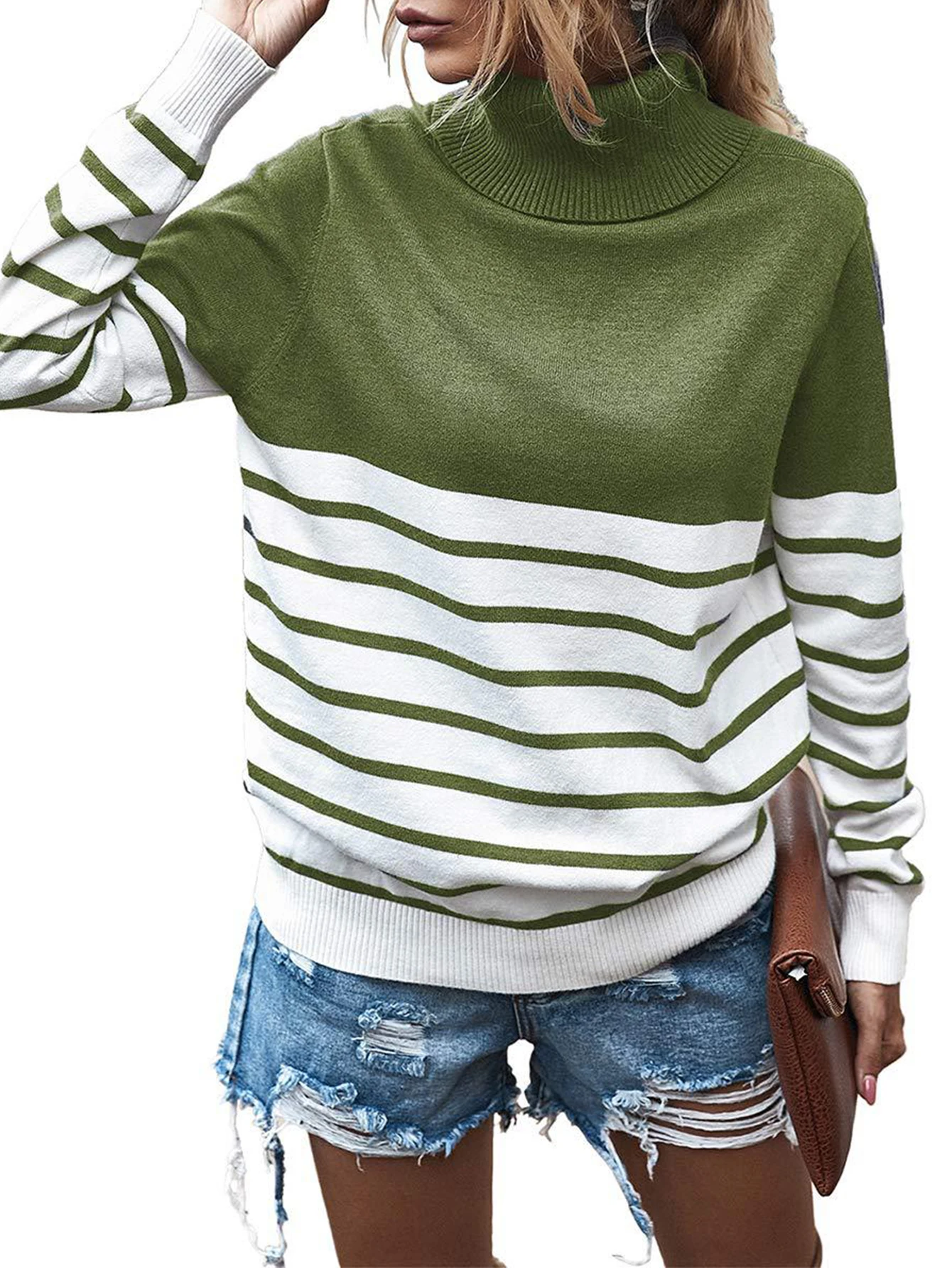 

Женский повседневный свитер в полоску контрастного цвета с длинным рукавом и водолазкой, свободный крой, осенний повседневный модный топ