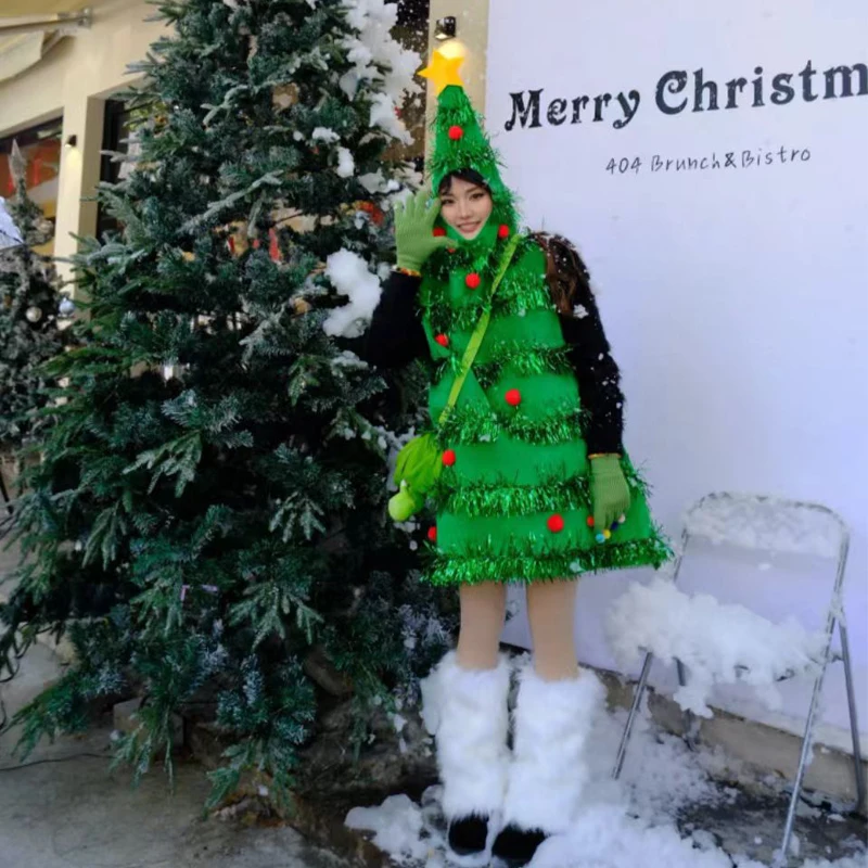 Christmas Tree Cosplay Jumpsuit Holiday Party Funny Costumes Halloween Performance Prank Santa Claus Xmas Ornament Gift Present