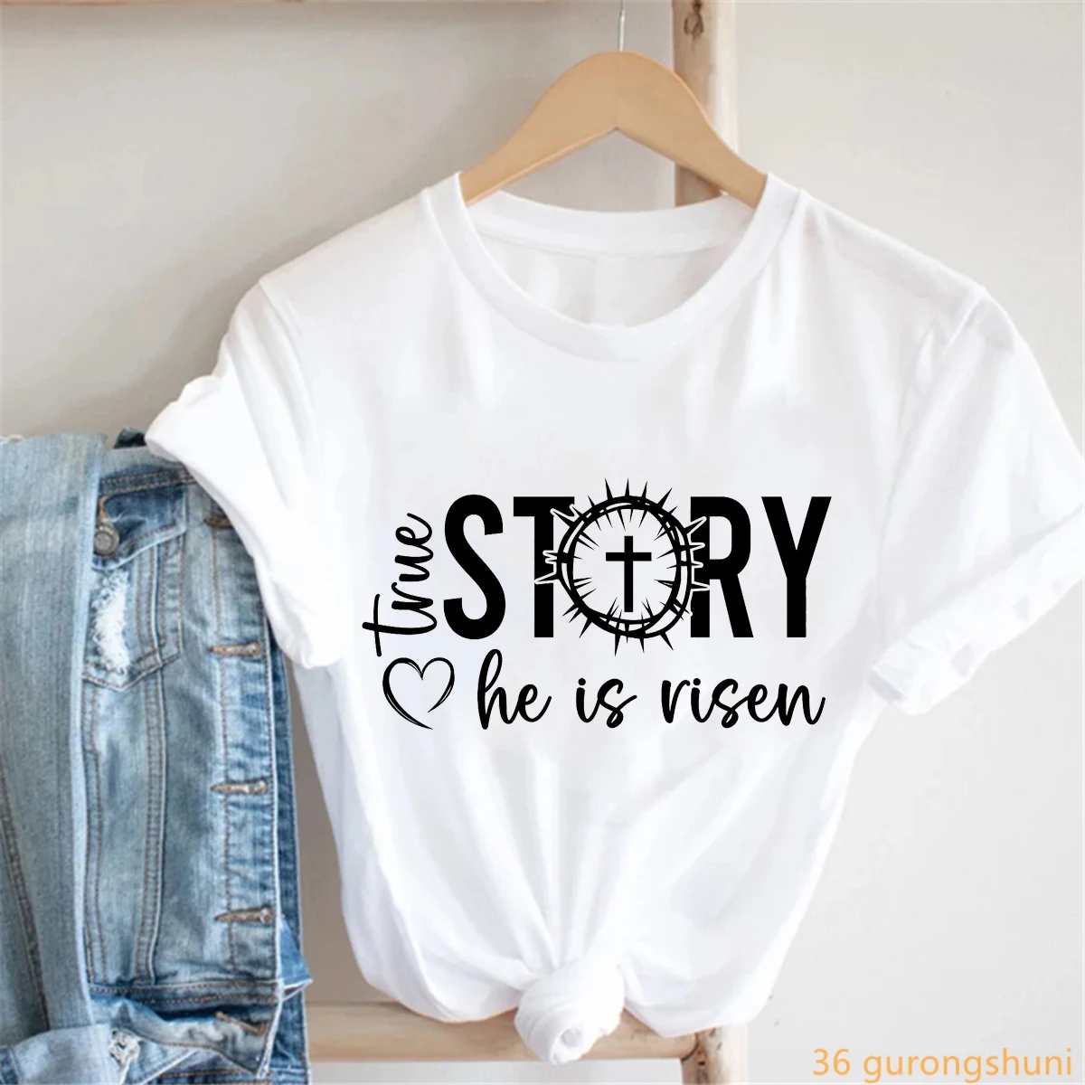 True Story He Is Risen Jesus Letter Printed T Shirt Women Summer Fashion Short Sleeve T-Shirt Femme White/Pink Casual T-Shirt