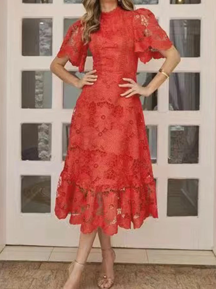

Fashion ladies' solid color embroidery hollow round neck short sleeve A-word dress summer women's new big swing high waist dress