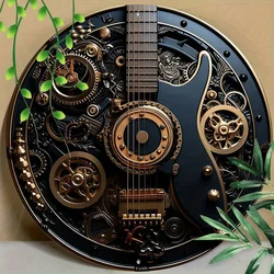 Round Steampunk Guitar & Gear Aluminum Wall Art, Easy To Hang, Decorative Piece for Home, Office, Coffee Shops, and Music Lovers