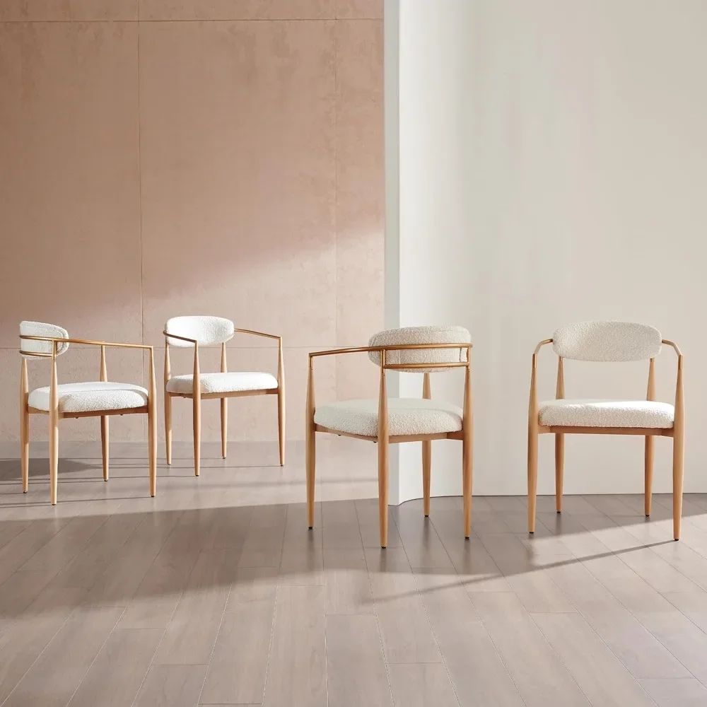 Modern Upholstered Dining Chairs Set of 4, White Boucle Dining Chairs with Arm and Wood Grain Legs for Kitchen, Living Room