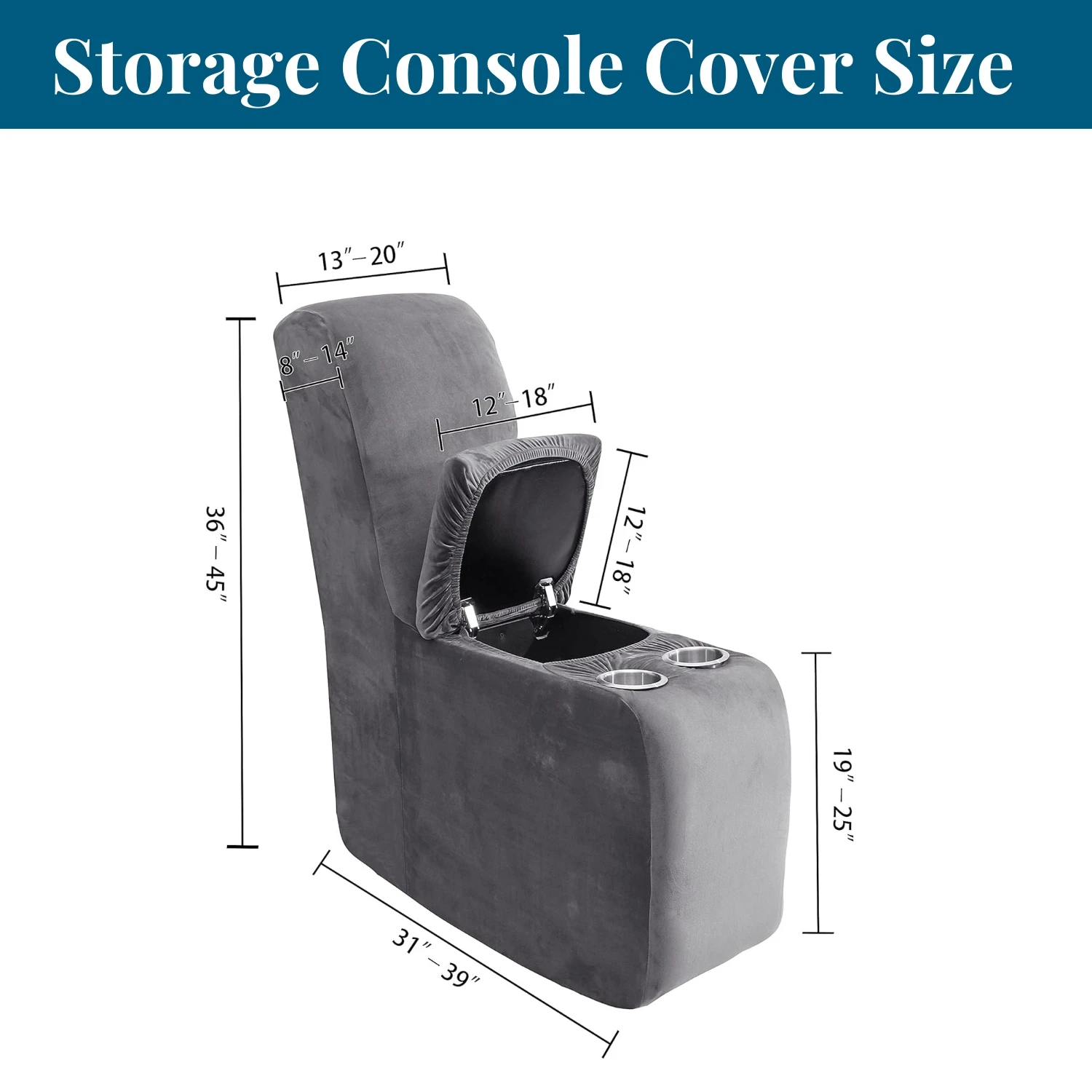 Plush Velvet Storage Console Cover with Cup Holders 2-Piece for Recliner Sofa Slipcover Thick Reclining Couch Cover