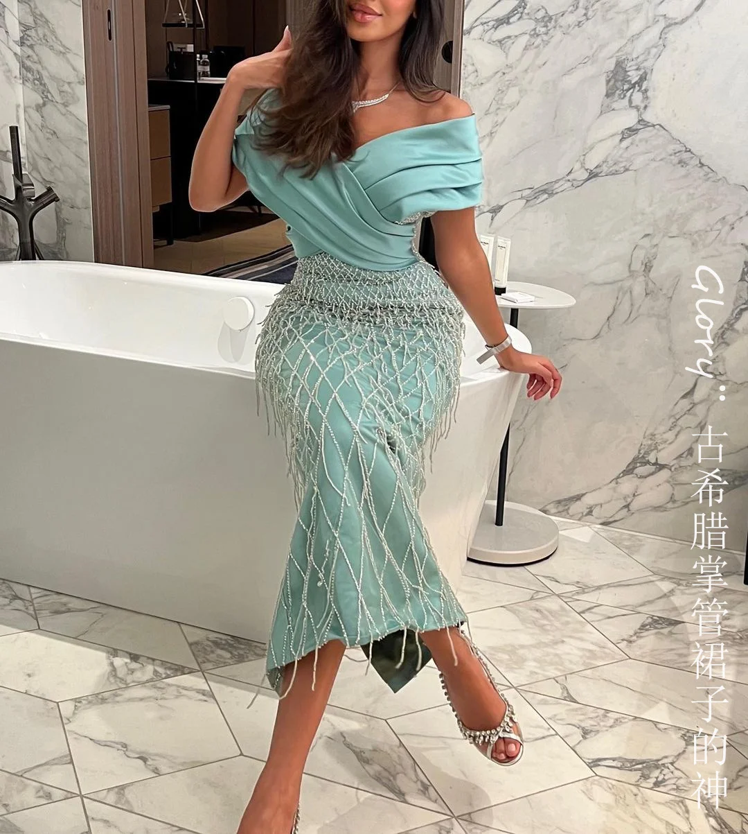 Blue Prom Dress For Women Bling Beaded Evening Dress Off The Shoulder Gorgeous Tulle Arabic Dubai Mermaid Dress Gala 2024