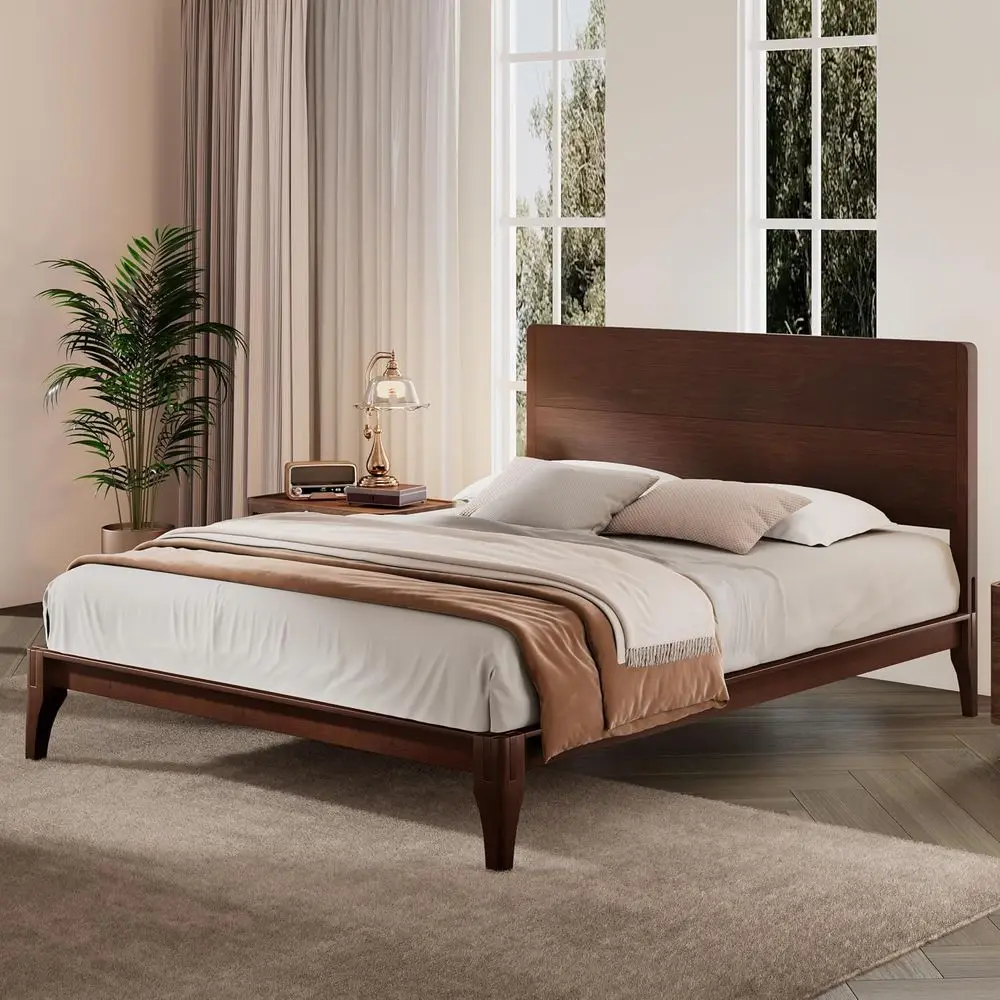Cama con plataforma Bamboo Queen con soporte de listones, viga de acero resistente, almacenamiento debajo de la cama, no requiere somier, color carbón
