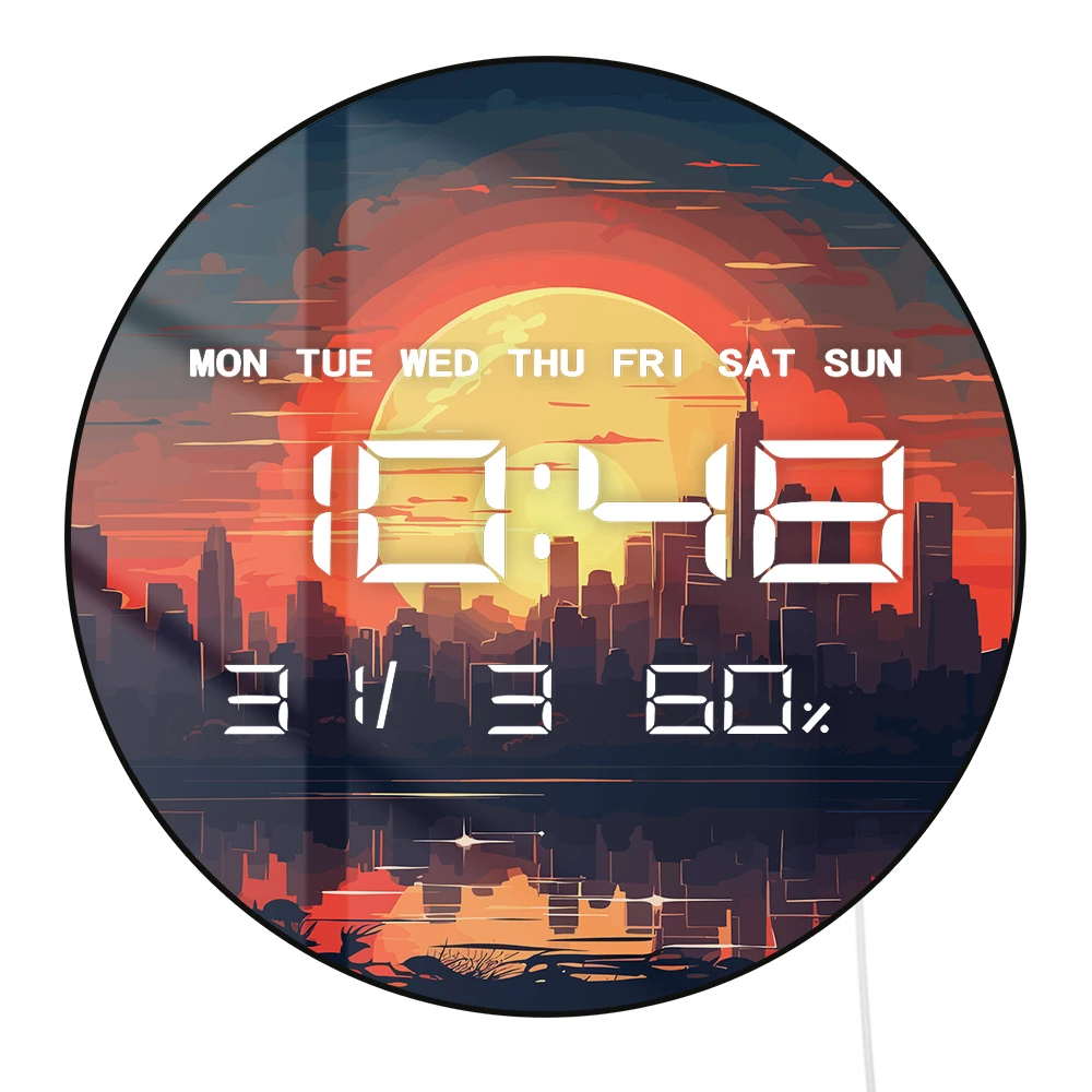 Dreamy Sunset Over City Skyline Electric Digital Wall Clock with LED Display Calendar Temperature Automatic Dimming 12/24 Hours
