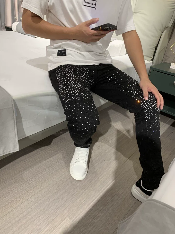 High-end Design Hot Diamond Jeans Men's Trendy Brand European Goods Scratched Handsome Slim-fitting Small Feet Black Pants