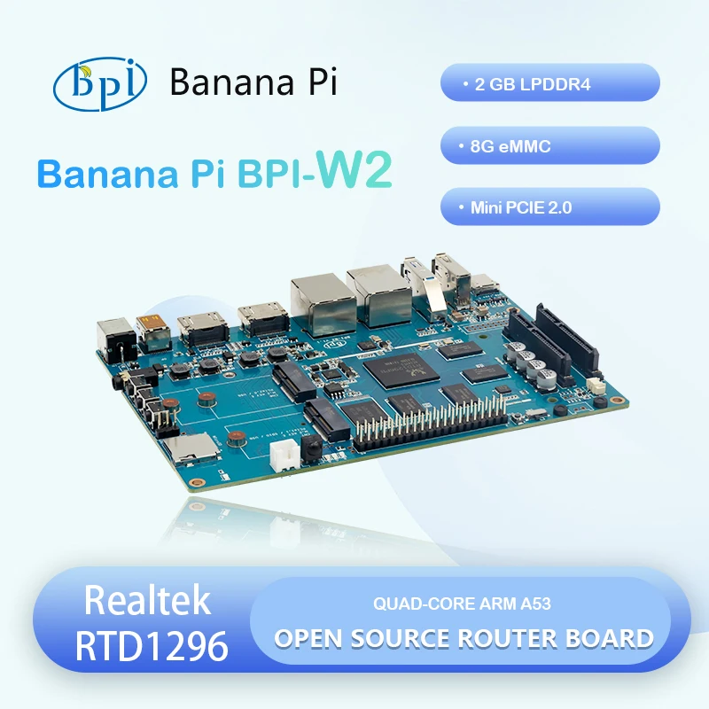 

Banana Pi BPI-W2 Realtek RTD1296 Четырехъядерный процессор Mali T820 MP3 2G DDR4 с TF SIM-картой, родной одноплатный компьютер SATA 8G eMMC
