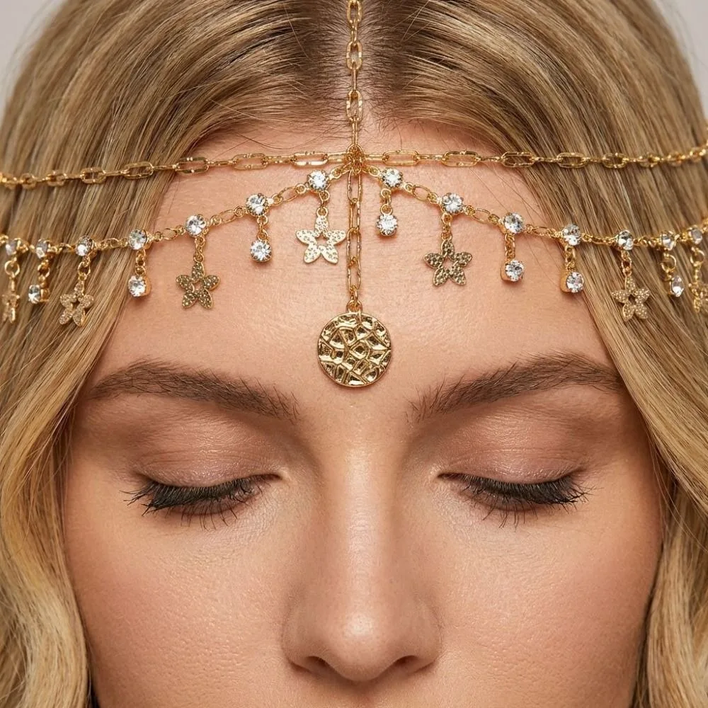 Korean Style Bohemian Forehead Headpiece Fairy Boho Long Tassels Hair Chain Multilayer Vintage Rhinestone Forehead Chain
