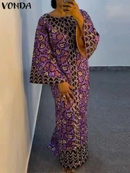 VONDA Elegant Dress 2025 Women Bohemian Printing Sundress Vintage Flare Long Sleeve Maxi Vestidos Oversized O-Neck Robe Femme