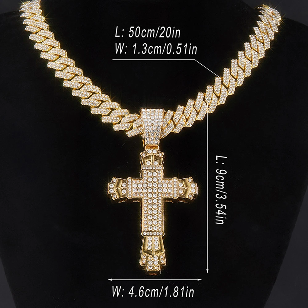 Men Women Shiny Cross Pendant Necklace With Miami Cuban Chain Link Hip Hop Iced Out Bling Fashion Exquisite Charm Jewelry Gift