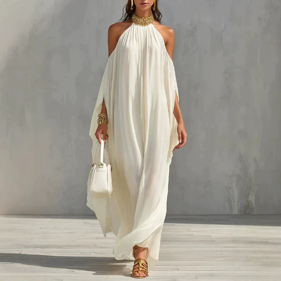 

Metal Decoration Halter Neck Long Dress Women Solid Color Elegant Sexy Off Shoulder Backless Chiffon Maxi Dresses Summer New