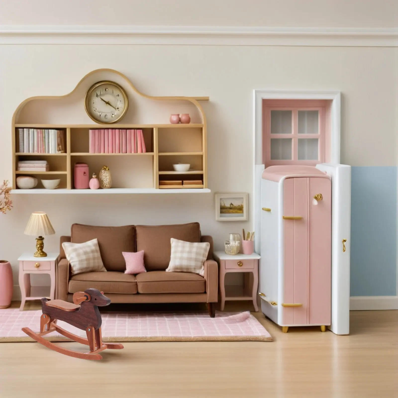 

Mini Wooden Rocking Horse with Dachshund Design - Handcrafted Dollhouse Baby Room Decor - Desktop Tabletop Ornament for Playroom