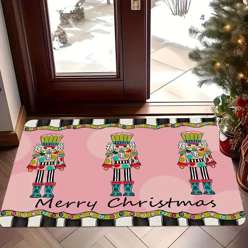 VIKAMA Pink Nutcracker Merry Christmas Doormat 2D Print Non‑Slip Colorful Xmas Indoor Entrance Floor Mat For Holiday Home Decor