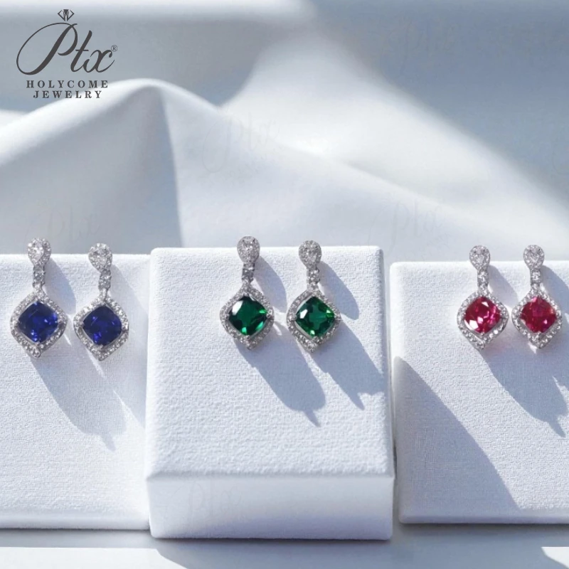 

Chubby Square Earrings With Main1.8-2.7CT Ruby Sapphire Colombia Side Moisanite S925 Hypoallergenic Earring Exquisiteness Gift