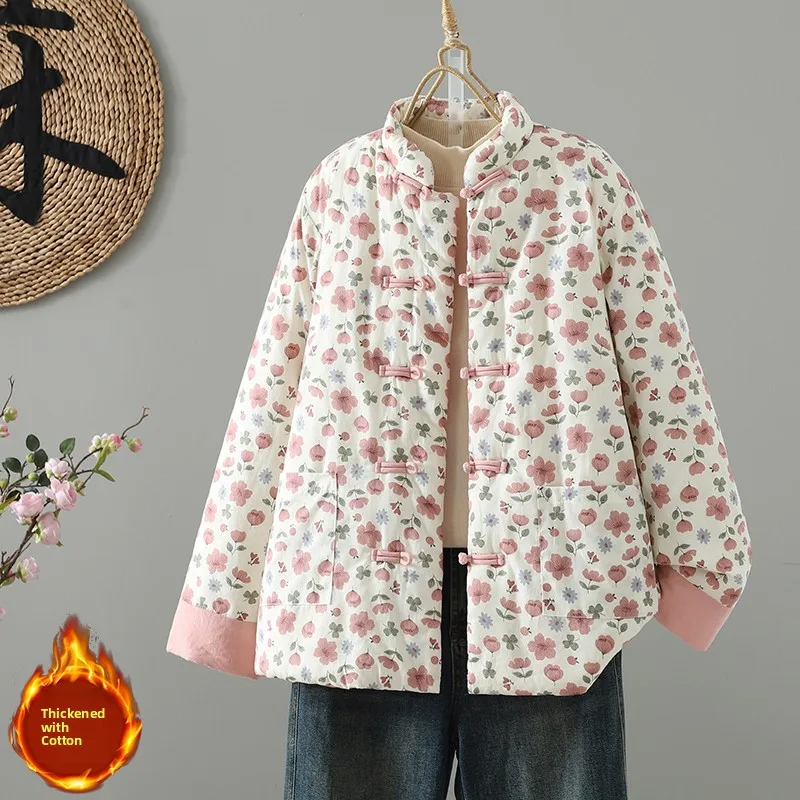 

Thiened Floral Cotton Jaet Loose Vintage Button Warm Autumn Winter New Sle Women's Sweet Sle Clothing Cotton Coat