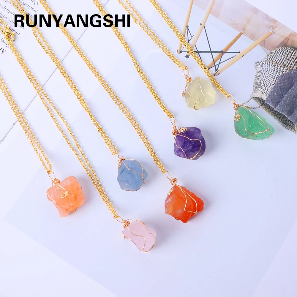 1pc Energy Quartz Raw Stone Pendant Natural Crystal Gold Silk Thread Necklace Health Gem Jewelry Summer Gift