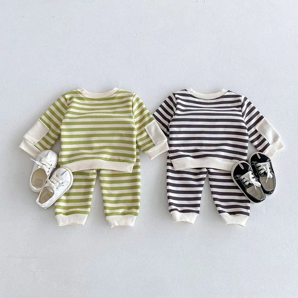 MILANCEL Autumn Baby Kid\'s Clothes Set Boys Striped Long Sleeve Hoodies Suit Girls Sweatshirt Casual Suit  Top+Pants 2Pcs