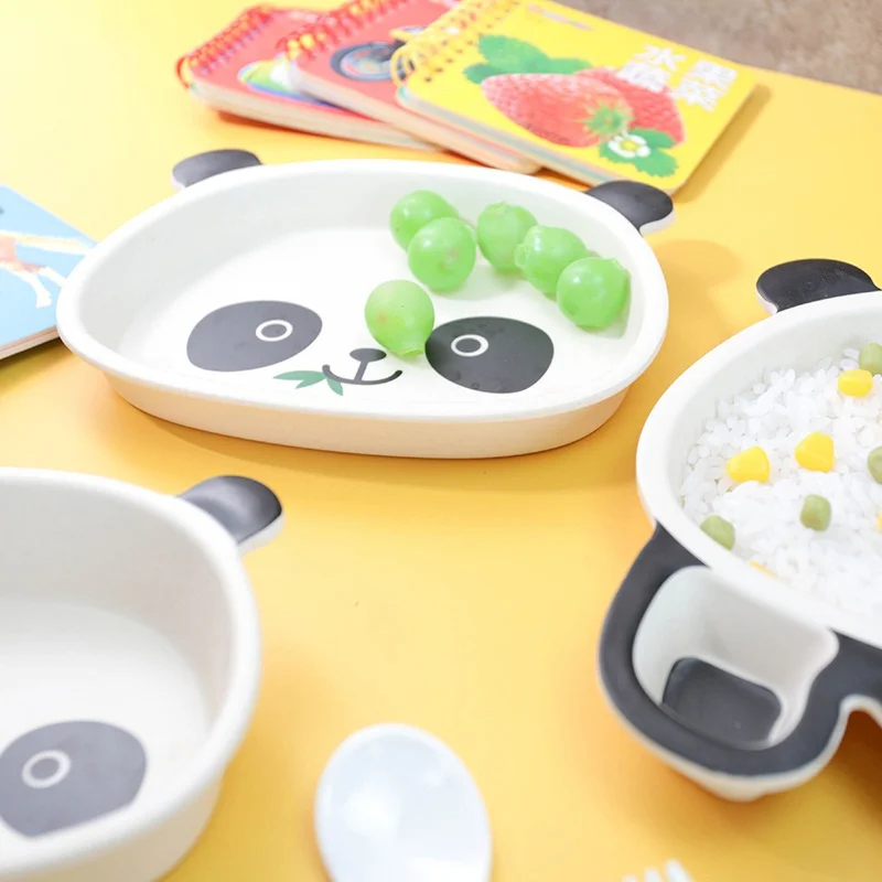 Panda Baby Tableware Safe Cartoon Toddler Bamboo Fiber Bowl Fork Cup Spoon Plate Kids Feeding Dishes Child Infant Dinnerware Set