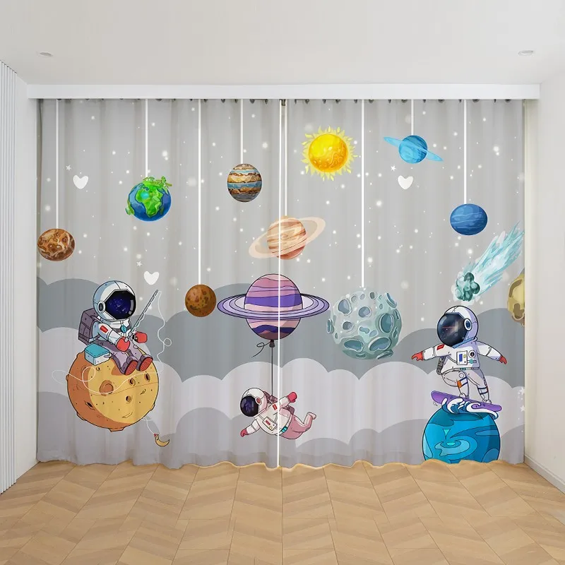 

2pcs Cheap Cartoon Space Astronaut Funny Curtain,Boys Kids Rocket Planet Thin Shading Curtains for Bedroom Living Room Custom