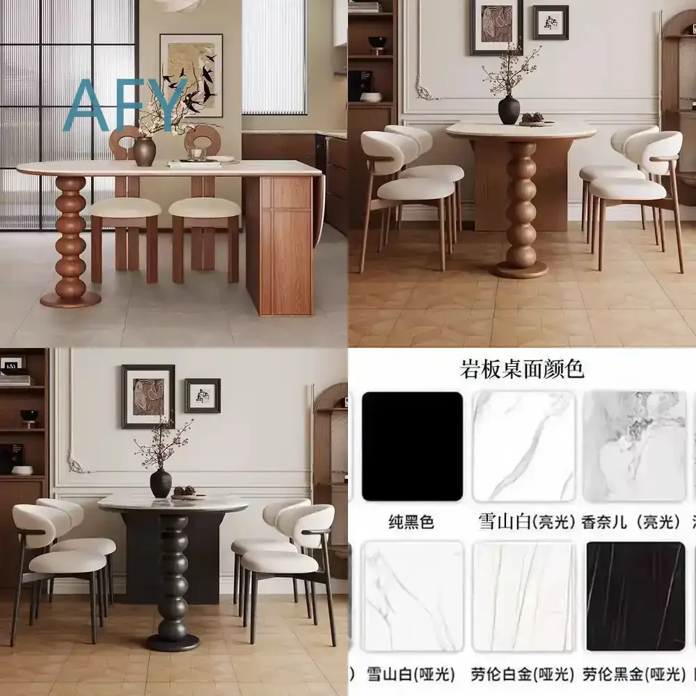 French Retro Travertine Slab Dining Table Oval Foldable Storage Mid Century Modern Solid Wood Extendable Island Table for