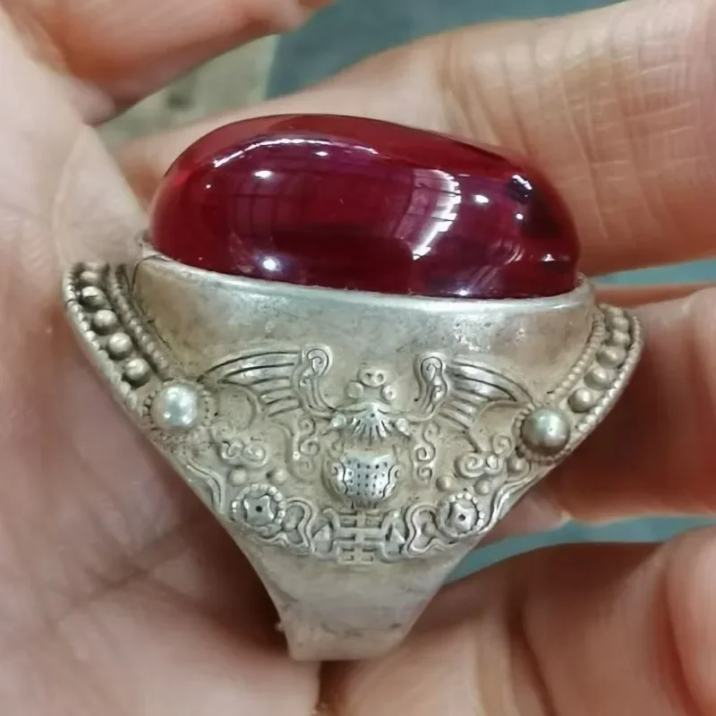 Vintage Ruby Inlaid Open Silver Ring, Blessing Pattern Design, Adjustable Plated Silver Thumb Ring Jewelry