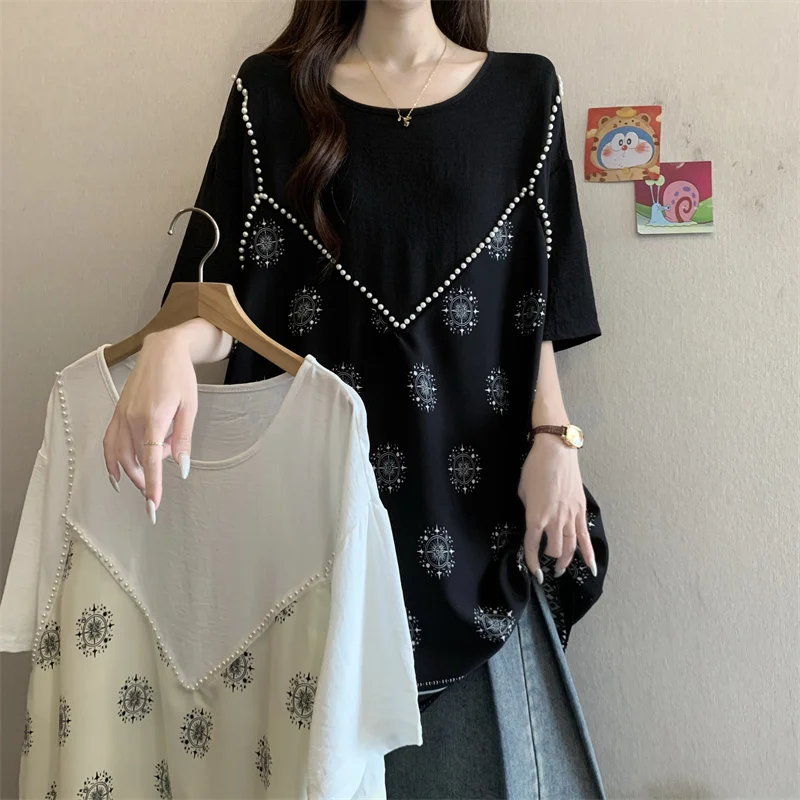 

High-End Women's plus Size Summer New Print Splice Base Shirt Fake Two-Piece T-Shirt Commute Style Floral Pattern round Neck ...